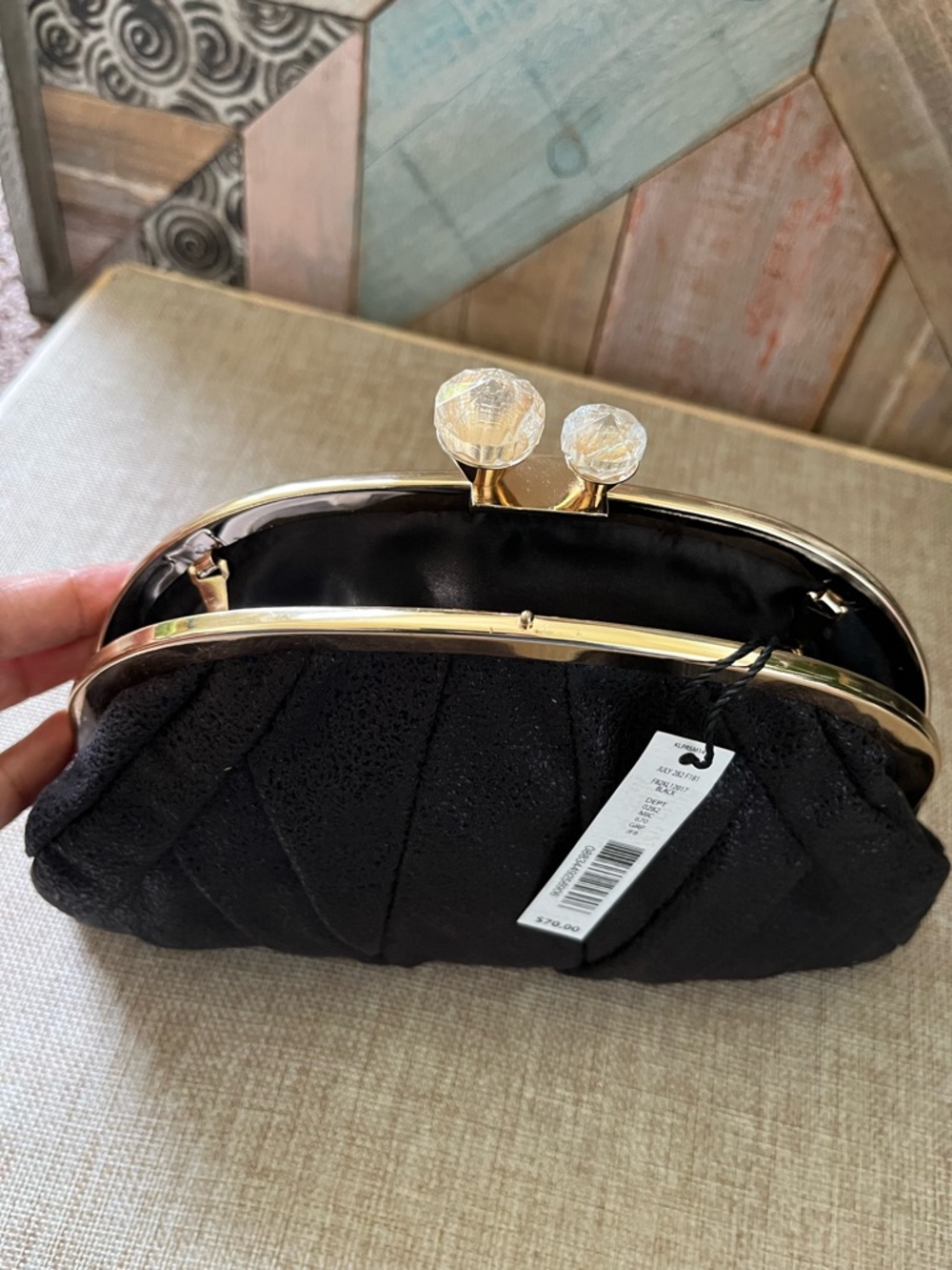 Kate Landry Black Pleated Clutch with Gold Frame - Picture 4 of 8